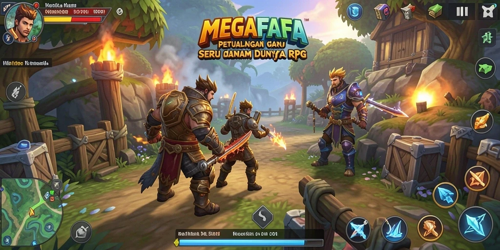 Screenshot gameplay MEGAFAFA menampilkan pertarungan epik dan eksplorasi dunia RPG.