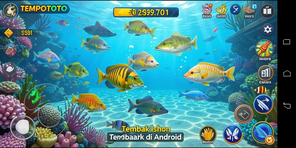 Screenshot gameplay TEMPOTOTO menampilkan aksi menembak ikan dengan grafis yang memukau.
